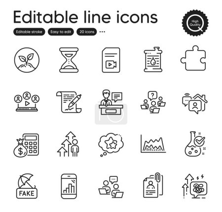 Téléchargez les illustrations : Set of Education outline icons. Contains icons as Employee result, Work home and Teamwork elements. Ranking stars, Fake news, Video conference web signs. Oil barrel, Finance calculator. Vector - en licence libre de droit
