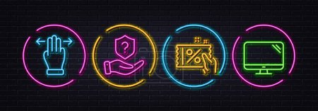 Illustration for Discount coupon, Protection shield and Multitasking gesture minimal line icons. Neon laser 3d lights. Computer icons. For web, application, printing. Sale flyer, Insurance claim, Swipe. Vector - Royalty Free Image