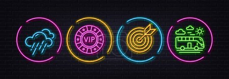 Illustration for Target purpose, Rainy weather and Vip chip minimal line icons. Neon laser 3d lights. Bus travel icons. For web, application, printing. Business focus, Rain, Online casino. Transport. Vector - Royalty Free Image