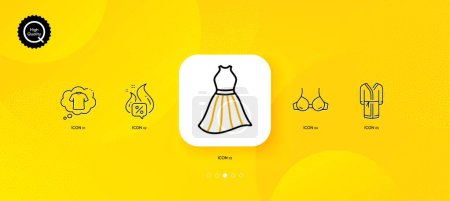 Illustration for Hot offer, Bra and Dress minimal line icons. Yellow abstract background. T-shirt, Bathrobe icons. For web, application, printing. Sale discount, Brassiere lingerie, Female skirt. Laundry shirt. Vector - Royalty Free Image
