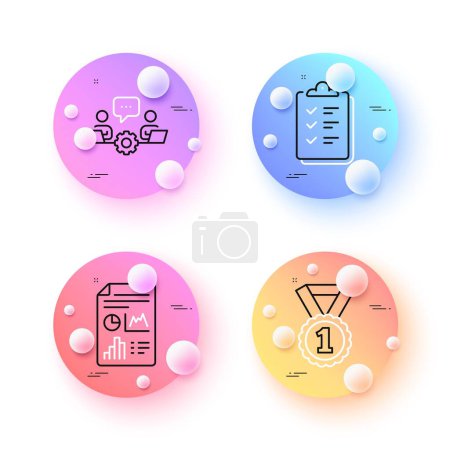 Téléchargez les illustrations : Checklist, Best rank and Report document minimal line icons. 3d spheres or balls buttons. Teamwork icons. For web, application, printing. Questioning clipboard, Success medal, Growth chart. Vector - en licence libre de droit