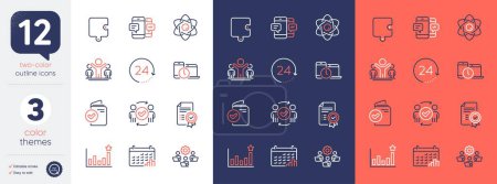 Illustration for Set of Smartphone sms, Winner and Approved teamwork line icons. Include Verification document, Time management, Teamwork icons. Efficacy, 24 hours, Calendar graph web elements. Atom core. Vector - Royalty Free Image