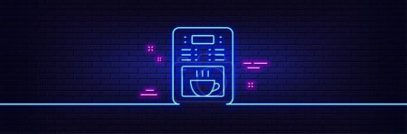 Illustration for Neon light glow effect. Coffee maker line icon. Vending machine sign. Make tea symbol. 3d line neon glow icon. Brick wall banner. Coffee maker outline. Vector - Royalty Free Image