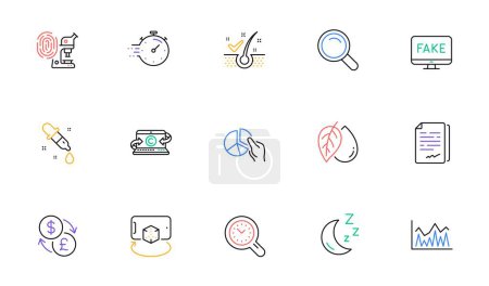 Illustration for Fingerprint research, Pie chart and Moon line icons for website, printing. Collection of Copywriting notebook, Augmented reality, Fake news icons. Currency exchange, Search. Vector - Royalty Free Image
