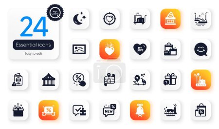Téléchargez les illustrations : Set of Holidays flat icons. Special offer, Passport warning and Moon elements for web application. Smile face, Bell, Map icons. Luggage trolley, Heart target, Discount button elements. Vector - en licence libre de droit
