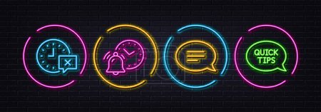Illustration for Time, Chat and Alarm clock minimal line icons. Neon laser 3d lights. Quickstart guide icons. For web, application, printing. Remove alarm, Speech bubble, Time notice. Helpful tricks. Vector - Royalty Free Image