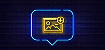 Illustration for Neon light speech bubble. Add photo line icon. Image thumbnail sign. Picture placeholder symbol. Neon light background. Add photo glow line. Brick wall banner. Vector - Royalty Free Image