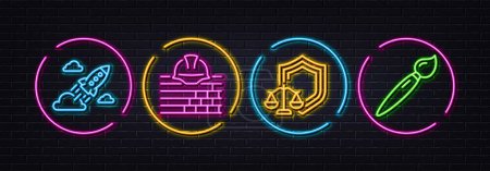 Illustration for Startup rocket, Justice scales and Build minimal line icons. Neon laser 3d lights. Brush icons. For web, application, printing. Business innovation, Law shield, Construction service. Art brush. Vector - Royalty Free Image
