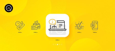 Illustration for 5g phone, Inspect and Covid test minimal line icons. Yellow abstract background. Online documentation, Anti-dandruff flakes icons. For web, application, printing. Vector - Royalty Free Image
