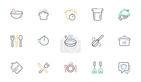 Illustration for Cooking line icons. Boiling time, Frying pan and Kitchen utensils. Fork, spoon and knife line icons. Recipe book, chef hat and cutting board. Linear set. Bicolor outline web elements. Vector - Royalty Free Image