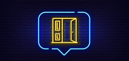 Illustration for Neon light speech bubble. Open door line icon. Entrance doorway sign. Building exit symbol. Neon light background. Open door glow line. Brick wall banner. Vector - Royalty Free Image