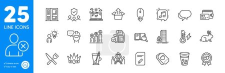 Illustration for Outline icons set. Ice tea, Entrance and Musical note icons. Search book, Buildings, Scroll down web elements. Wallet, Animal tested, Electricity power signs. Crown, Food, Graph chart. Vector - Royalty Free Image