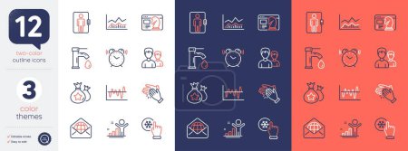 Illustration for Set of Web mail, Elevator and Trade infochart line icons. Include Stock analysis, Tap water, Alarm clock icons. Seo strategy, Loyalty points, Couple web elements. Clapping hands, Winner. Vector - Royalty Free Image