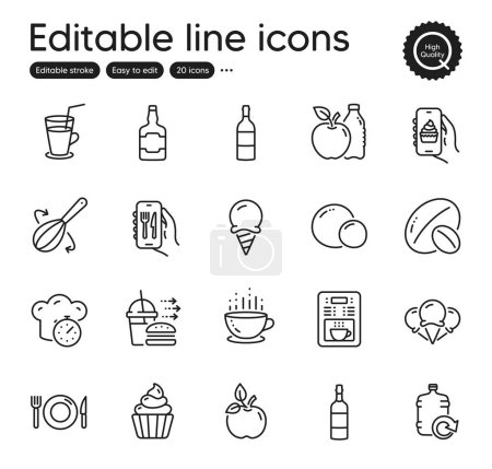 Illustration for Set of Food and drink outline icons. Contains icons as Ice cream, Eco food and Refill water elements. Whiskey bottle, Coffee maker, Apple web signs. Food delivery, Restaurant app. Vector - Royalty Free Image