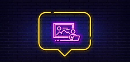 Illustration for Neon light speech bubble. Photo studio line icon. Image photography sign. Picture placeholder symbol. Neon light background. Photo studio glow line. Brick wall banner. Vector - Royalty Free Image