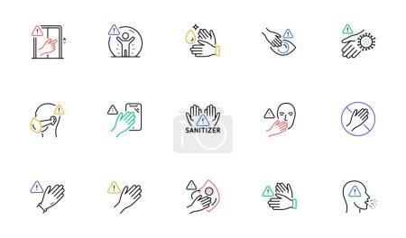 Illustration for Touch warning line icons. Stop touch face, eyes and medical mask. Covid cough symptoms, wash and disinfect hands icons. Do not press lift buttons, protect face with medical mask. Vector - Royalty Free Image
