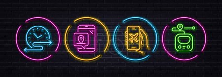 Illustration for Flight mode, Time schedule and Pin marker minimal line icons. Neon laser 3d lights. Metro icons. For web, application, printing. Smartphone app, Timetable, Place point. Transit journey. Vector - Royalty Free Image