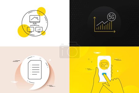 Illustration for Minimal set of Verified mail, Work home and 5g statistics line icons. Phone screen, Quote banners. Document icons. For web development. Confirmed e-mail, Freelance work, Wifi chart. Vector - Royalty Free Image