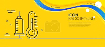 Illustration for Thermometer with vaccine line icon. Abstract yellow background. Temperature diagnostic sign. Fever measuring symbol. Minimal thermometer line icon. Wave banner concept. Vector - Royalty Free Image