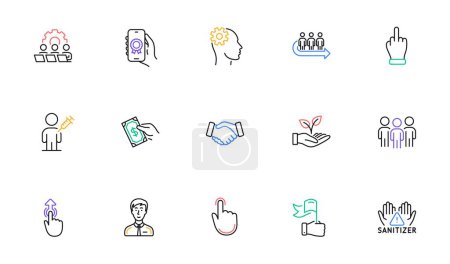 Téléchargez les illustrations : Award app, Helping hand and Hand click line icons for website, printing. Collection of People vaccination, Middle finger, Businessman person icons. Pay money, Clean hands. Vector - en licence libre de droit