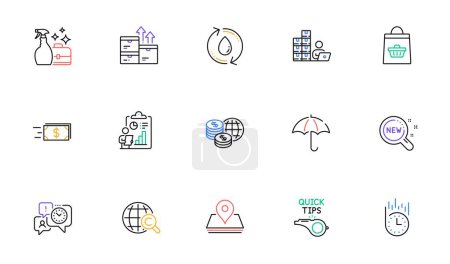 Illustration for International copyright, Pin and Tutorials line icons for website, printing. Collection of New products, Inventory, Money transfer icons. Refill water, Online buying, Report web elements. Vector - Royalty Free Image
