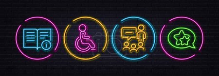 Téléchargez les illustrations : Disability, Technical info and People chatting minimal line icons. Neon laser 3d lights. Star icons. For web, application, printing. Wheelchair user, Documentation, Conference. Favorite. Vector - en licence libre de droit