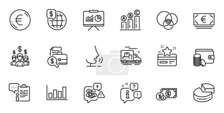 Illustration for Outline set of Payment method, Stress and World money line icons for web application. Talk, information, delivery truck outline icon. Include Euro currency, Accounting report, Euro money icons. Vector - Royalty Free Image