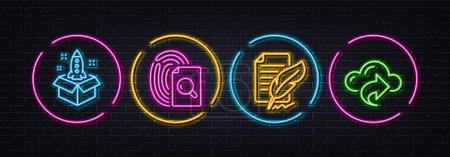 Illustration for Inspect, Feather signature and Startup minimal line icons. Neon laser 3d lights. Cloud share icons. For web, application, printing. Search document, Feedback, Innovation. Data sharing. Vector - Royalty Free Image