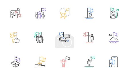 Flag line icons. Leadership, Goal Success, Winner with Flag. Navigation Map, Travel goal destination, People protest line icons. Mountain with Flag pole, Delivery box, Ownership. Vector