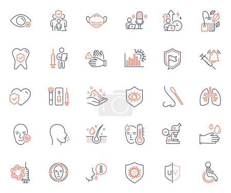Téléchargez les illustrations : Medical icons set. Included icon as Family insurance, Farsightedness and Blood and saliva test web elements. Fever, Coronavirus, Nasal test icons. Life insurance, Dont touch. Vector - en licence libre de droit