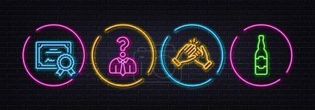 Illustration for Certificate, Clapping hands and Hiring employees minimal line icons. Neon laser 3d lights. Beer bottle icons. For web, application, printing. Certified file, Clap, Human resources. Craft beer. Vector - Royalty Free Image