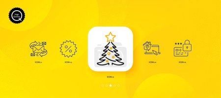 Illustration for Lock, Christmas tree and Work home minimal line icons. Yellow abstract background. E-mail, Discount icons. For web, application, printing. Blocked credit card, Spruce, Outsource work. Vector - Royalty Free Image