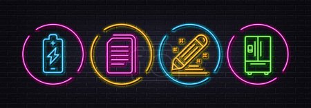 Illustration for Battery charging, Copy files and Brand contract minimal line icons. Neon laser 3d lights. Refrigerator icons. For web, application, printing. Electric energy, Copying documents, Edit report. Vector - Royalty Free Image