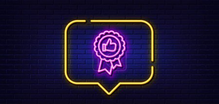 Illustration for Neon light speech bubble. Positive feedback line icon. Award medal symbol. Reward sign. Neon light background. Positive feedback glow line. Brick wall banner. Vector - Royalty Free Image