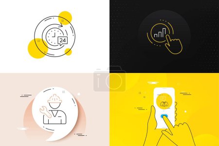 Téléchargez les illustrations : Minimal set of Support service, Repairman and Graph chart line icons. Phone screen, Quote banners. 24h delivery icons. For web development. Human talking, Repair service, Get report. Stopwatch. Vector - en licence libre de droit