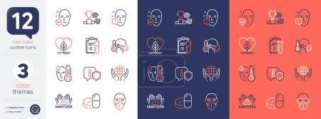 Illustration for Set of Medical drugs, Medical analyzes and Sick man line icons. Include Organic tested, Local grown, Clean hands icons. Face attention, Shield, Fever web elements. Uv protection, Dumbbell. Vector - Royalty Free Image