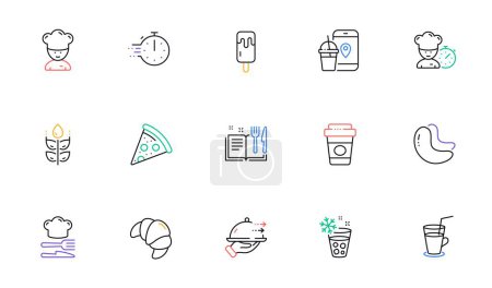 Téléchargez les photos : Food app, Recipe book and Ice cream line icons for website, printing. Collection of Food, Cocktail, Cashew nut icons. Pizza, Chef, Takeaway coffee web elements. Cooking chef. Vector - en image libre de droit