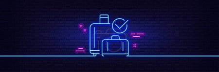 Illustration for Neon light glow effect. Airport baggage reclaim line icon. Airplane check in luggage sign. Flight checked bag symbol. 3d line neon glow icon. Brick wall banner. Baggage reclaim outline. Vector - Royalty Free Image