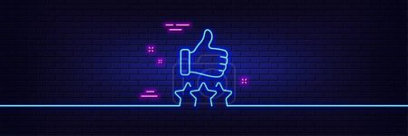 Illustration for Neon light glow effect. Rating stars line icon. Thumb up hand sign. User ranking symbol. 3d line neon glow icon. Brick wall banner. Rating stars outline. Vector - Royalty Free Image