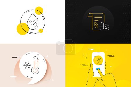 Illustration for Minimal set of Medical prescription, Low thermometer and Dermatologically tested line icons. Phone screen, Quote banners. Dont touch icons. For web development. Vector - Royalty Free Image