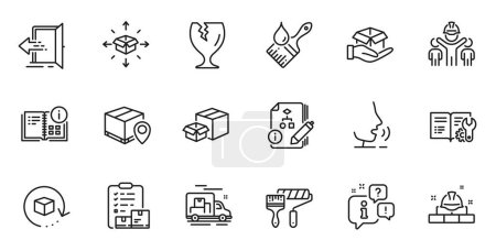 Téléchargez les illustrations : Outline set of Hold box, Brush and Packing boxes line icons for web application. Talk, information, delivery truck outline icon. Include Entrance, Engineering team, Parcel tracking icons. Vector - en licence libre de droit