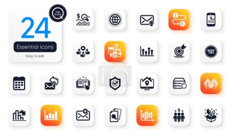 Téléchargez les illustrations : Set of Education flat icons. Calendar, Approved shield and Tips elements for web application. Inspect, Recovery server, Technical documentation icons. Globe, Check investment. Vector - en licence libre de droit