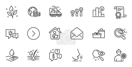 Illustration for Outline set of Serum oil, Idea lamp and Engineer line icons for web application. Talk, information, delivery truck outline icon. Include Gifts, Water care, Plants watering icons. Vector - Royalty Free Image