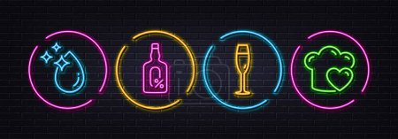 Téléchargez les illustrations : Champagne glass, Alcohol free and Water drop minimal line icons. Neon laser 3d lights. Love cooking icons. For web, application, printing. Winery, Alcohol not allowed, Crystal aqua. Chef hat. Vector - en licence libre de droit