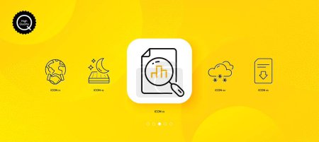 Ilustración de Snow weather, Download file and Mattress minimal line icons. Yellow abstract background. Global business, Analytics graph icons. For web, application, printing. Vector - Imagen libre de derechos