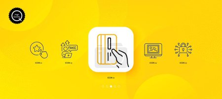 Téléchargez les illustrations : Photo thumbnail, Security lock and Fake internet minimal line icons. Yellow abstract background. Loyalty star, Payment card icons. For web, application, printing. Vector - en licence libre de droit