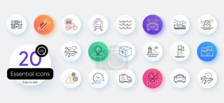 Téléchargez les illustrations : Simple set of Package, Flight time and Escalator line icons. Include Wholesale inventory, Truck delivery, Flag icons. Car, Honeymoon travel, Train web elements. Food delivery, Warning, Pin. Vector - en licence libre de droit