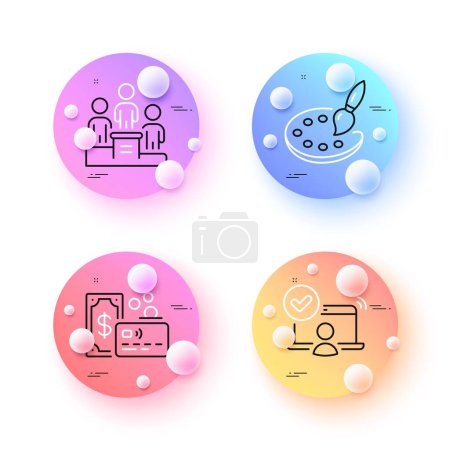 Ilustración de Card, Palette and Business podium minimal line icons. 3d spheres or balls buttons. Online access icons. For web, application, printing. Bank payment, Art brush, Team nomination. Approved user. Vector - Imagen libre de derechos