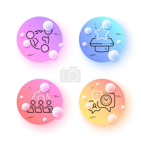 Illustration for Teamwork, Time management and Winner podium minimal line icons. 3d spheres or balls buttons. Video conference icons. For web, application, printing. Remote work, Office chat, First place. Vector - Royalty Free Image