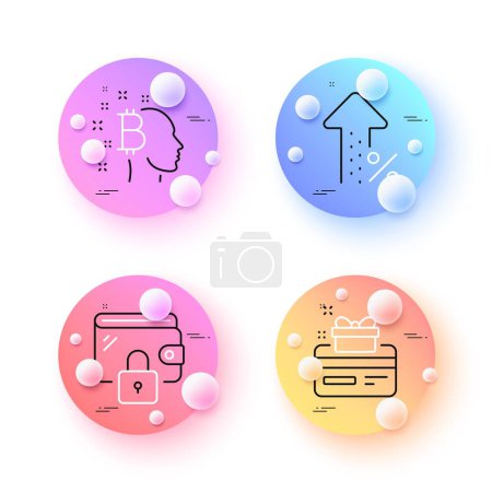 Illustration for Wallet, Loyalty card and Increasing percent minimal line icons. 3d spheres or balls buttons. Bitcoin think icons. For web, application, printing. Locked money purse, Bonus points, Discount. Vector - Royalty Free Image